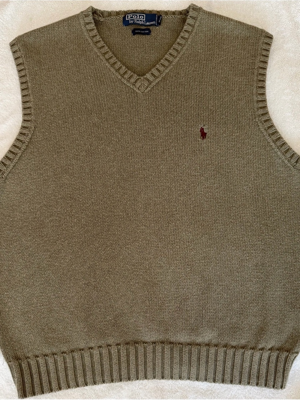 Ralph Lauren Olive Green V-Neck Cotton Sweater Vest with Burgundy Pony